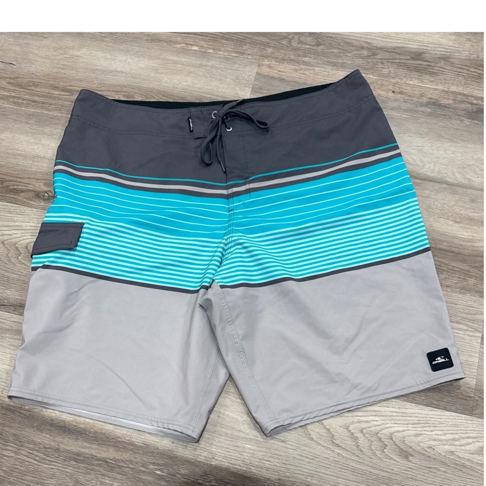 ONeill Mens Hyperdry Board Shorts Grey Teal Striped Stretch Swim Trunks Size 38